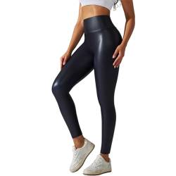 Générique Yoga-Top, Langarm, hohe Taille, einfarbig, Slim Fit, Hose aus PU-Leder, Kunstleder, Herbst und Winter, Leggings, Schlankheits-Leggings, hohe Taille, marine, L von Générique