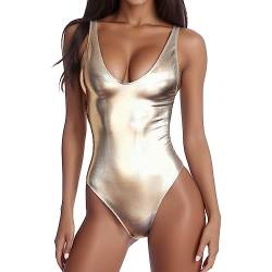 Générique New 2024 Fashion Damen Glänzend Metallic Zwei Bademode Einteiliger Bikini Badeanzug Weste Overall Bikini Sexy String, silber, M von Générique