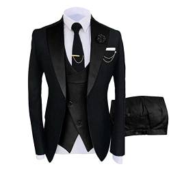 3 Teiliger Slim Fit Anzug für Herren Stilvolle Blazer Sets mit Einem Knopf und Revers Casual Party Hochzeit Jacke Weste Hosen Set (3XL,Schwarz) von hegehof
