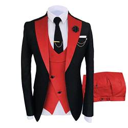 3 Teiliger Slim Fit Anzug für Herren Stilvolle Blazer Sets mit Einem Knopf und Revers Casual Party Hochzeit Jacke Weste Hosen Set (4XL,Rot) von hegehof
