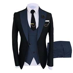 3 Teiliger Slim Fit Anzug für Herren Stilvolle Blazer Sets mit Einem Knopf und Revers Casual Party Hochzeit Jacke Weste Hosen Set (L,Dunkelblau) von hegehof
