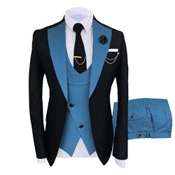 3 Teiliger Slim Fit Anzug für Herren Stilvolle Blazer Sets mit Einem Knopf und Revers Casual Party Hochzeit Jacke Weste Hosen Set (S,Blau) von Generisch