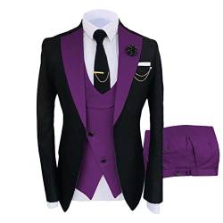 3 Teiliger Slim Fit Anzug für Herren Stilvolle Blazer Sets mit Einem Knopf und Revers Casual Party Hochzeit Jacke Weste Hosen Set (XL,Violett) von hegehof