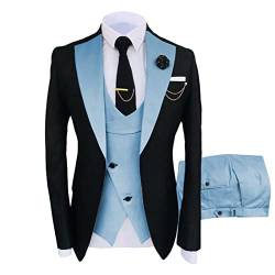 3 Teiliger Slim Fit Anzug für Herren Stilvolle Blazer Sets mit Einem Knopf und Revers Casual Party Hochzeit Jacke Weste Hosen Set (XS,Hellblau) von hegehof