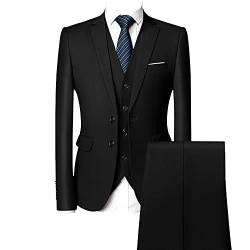 3 teiliger Slim Fit Anzug für Herren Einfarbige Business Blazer Sets mit 2 Knöpfen Casual Party Hochzeit Jacke Weste Hosen Set (3XL,Schwarz) von Generisch