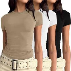 3Er Pack Basic Kurzarm Shirt Damen Tunika T-Shirt Crop Top Y2K Slim Fit Oberteile Casual Rundhals Tee Shirt Damen Short Sleeve Shirt 3 Stück Rundhals Cropped Tee Casual Teenager Streetwear Khaki L von Generisch