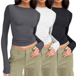 3er Pack Basic Langarmshirt Damen Tunika T-Shirt Crop Top Y2K Slim Fit Oberteile Casual Rundhals Tee Shirt Damen Long Sleeve Shirt 3 Stück Rundhals Cropped Tee Casual Teenager Streetwear XS-XXL von Generisch