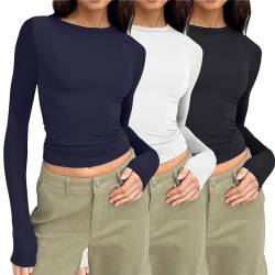 3er Pack Basic Langarmshirt Damen Tunika T-Shirt Crop Top Y2K Slim Fit Oberteile Casual Rundhals Tee Shirt Damen Long Sleeve Shirt 3 Stück Rundhals Cropped Tee Casual Teenager Streetwear XS-XXL von Generisch