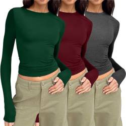 3er Pack Basic Langarmshirt Damen Tunika T-Shirt Crop Top Y2K Slim Fit Oberteile Casual Rundhals Tee Shirt Damen Long Sleeve Shirt 3 Stück Rundhals Cropped Tee Casual Teenager Streetwear von Generisch