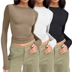 3er Pack Basic Langarmshirt Damen Tunika T-Shirt Crop Top Y2K Slim Fit Oberteile Casual Rundhals Tee Shirt Damen Long Sleeve Shirt 3 Stück Rundhals Cropped Tee Casual Teenager Streetwear von Generisch