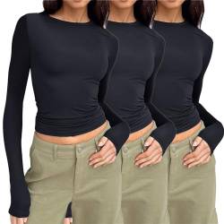 3er Pack Basic Langarmshirt Damen Tunika T-Shirt Crop Top Y2K Slim Fit Oberteile Casual Rundhals Tee Shirt Damen Long Sleeve Shirt 3 Stück Rundhals Cropped Tee Casual Teenager Streetwear von Generisch