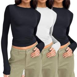 3er Pack Basic Langarmshirt Damen Tunika T-Shirt Crop Top Y2K Slim Fit Oberteile Casual Rundhals Tee Shirt Damen Long Sleeve Shirt 3 Stück Rundhals Cropped Tee Casual Teenager Streetwear von Generisch