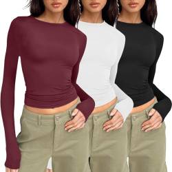 3er Pack Basic Langarmshirt Damen Tunika T-Shirt Crop Top Y2K Slim Fit Oberteile Casual Rundhals Tee Shirt Damen Long Sleeve Shirt 3 Stück Rundhals Cropped Tee Casual Teenager Streetwear von Generisch