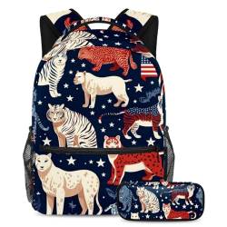 Amerikanische Flagge Tiere reisen stilvoll mit diesem Rucksack und Federmäppchen, perfekte Büchertasche für Studenten, Mehrfarbig Nr. 01, B：29.4x20x40cm P：19x7.5x3.8cm, Tagesrucksäcke von Generisch