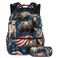Amerikanische Flagge Tiere reisen stilvoll mit diesem Rucksack und Federmäppchen, perfekte Büchertasche für Studenten, Mehrfarbig Nr. 02, B：29.4x20x40cm P：19x7.5x3.8cm, Tagesrucksäcke von Generisch