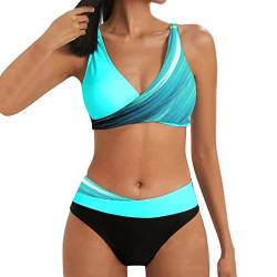 Bikini Damen Große Brüste Bauchweg Badeanzug Zweiteiliger Push Up Sexy Farbblockdruck Brustpolster Swimsuit Set Frauen Set Knot Triangel Swimsuit Low Rise V Ausschnitt (Light Blue-6, XXXL) von Generisch