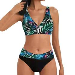 Bikini Damen Große Brüste Bauchweg Badeanzug Zweiteiliger Push Up Sexy Farbblockdruck Brustpolster Swimsuit Set Frauen Set Knot Triangel Swimsuit Low Rise V Ausschnitt überkreuztes (Green-11, XXL) von Generisch