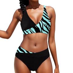 Bikini Damen Große Brüste Bauchweg Badeanzug Zweiteiliger Push Up Sexy Farbblockdruck Brustpolster Swimsuit Set Frauen Set Knot Triangel Swimsuit Low Rise V Ausschnitt überkreuztes (Sky Blue-7, XXL) von Generisch