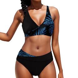 Bikini Damen Große Brüste Bauchweg Badeanzug Zweiteiliger Push Up Sexy Farbblockdruck Brustpolster Swimsuit Set Frauen Set Knot Triangel Swimsuit Low Rise V Ausschnitt überkreuztes Bikini (Blue-5, L) von Generisch