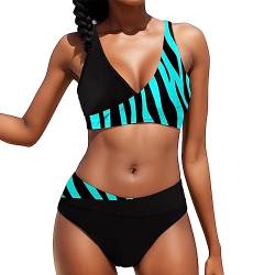 Bikini Damen Große Brüste Bauchweg Badeanzug Zweiteiliger Push Up Sexy Farbblockdruck Brustpolster Swimsuit Set Frauen Set Knot Triangel Swimsuit Low Rise V Ausschnitt überkreuztes Bikini (Blue-7, L) von Generisch