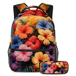 Bleiben Sie auf dem Laufenden mit diesem Set aus Rucksack und Federmäppchen, perfekt für Studenten, Regenbogenblumen, mehrfarbig, B：29.4x20x40cm P：19x7.5x3.8cm, Tagesrucksäcke von Generisch