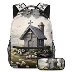 Bleiben Sie dem Trend voraus, Rucksack mit Federmäppchen für Jungen, Mädchen, Teenager, graues Osterkreuz Haus, mehrfarbig, B：29.4x20x40cm P：19x7.5x3.8cm, Tagesrucksäcke von Generisch