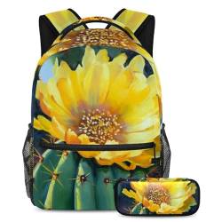 Bleiben Sie modisch mit diesem 2-teiligen Schultaschen-Set, Rucksack mit Federmäppchen, perfekt für Jungen, Mädchen, Teenager, gelbe Kaktusblumen, mehrfarbig, B：29.4x20x40cm P：19x7.5x3.8cm, von Generisch