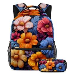 Bleiben Sie organisiert mit Stil, 2-teiliges Kinder-Schultaschen-Set, Rucksack mit Federmäppchen für Studenten, Regenbogen-Blumen, mehrfarbig, B：29.4x20x40cm P：19x7.5x3.8cm, Tagesrucksäcke von Generisch