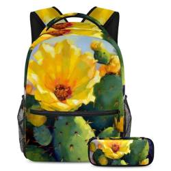 Bleiben Sie organisiert mit Stil, Rucksack mit Federmäppchen, perfektes Schulranzen-Set für Jungen, Mädchen und Teenager, gelbe Kaktusblumen, mehrfarbig, B：29.4x20x40cm P：19x7.5x3.8cm, Tagesrucksäcke von Generisch