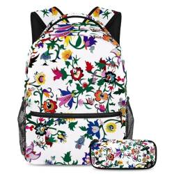 Bleiben Sie organisiert mit dieser Kombination aus Rucksack und Federmäppchen, ideales Schultaschen-Set für vielbeschäftigte Schüler, schöne Blumen, mehrfarbig, B：29.4x20x40cm P：19x7.5x3.8cm, von Generisch