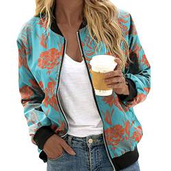 Bomberjacke Damen Blumenmuster Coat Sommer Blouson Reißverschluss Herbst Frühling Jacket Mädchen Sommerjacke Kurz Outwear College Jacke leichte Pilotenjacke Langarm Fliegerjacke Pilotenjacke von Generisch