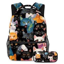 Bunte Katze Get Set für Erfolg, 2-teiliges Schulranzen-Set Rucksack für Jungen, Mädchen, Teenager, die unverzichtbare Reisetasche für Schüler, Mehrfarbig Nr. 07, B：29.4x20x40cm P：19x7.5x3.8cm, von Generisch