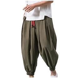 Cargo Hosen Männer, Men's Japanese Cotton Linen Cropped Pants Loose Wide-Legged Pants Plus Size Casual Pants Arbeitshosen Männer Latzhose Indische Kleidung Piratenhose Pants Jeans (L, Armeegrün) von Generisch