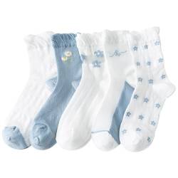 Crew-Socken aus Baumwolle für Mädchen – einfache Rüschen-Stiefelsocken, 5 Paar, dehnbare modische dekorative Socken für Damen, Einheitsgröße, Baumwolle, Ohne Edelstein von Generisch