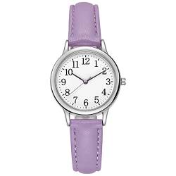 Damen Analog Quarz Uhr mit Edelstahl Armband/Lederarmband Lässige Quarz-Lederarmband-Uhr für Damen, Persönlichkeit, Zifferblatt, Damenuhr, Uhrenarmband Für Damen Zugband Silber (Purple-A, One Size) von Generisch