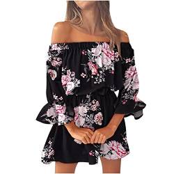 Damen Bandeau Sommerkleider Kurz Sexy Trägerloses Schulterfreies Blumendruck Strandkleid Kleid Off Shoulder Minikleid Partykleid Casual Mini Blumenkleid Tunika Kleid für Frauen 00a Schwarz S von Generisch