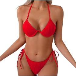 Damen-Bikini-Set, Neckholder-BH und Tanga mit Kordelzug, niedriger Bund, seitliche Unterseite, zweiteilige Bademode, sexy Badeanzüge, rot, M von Generisch