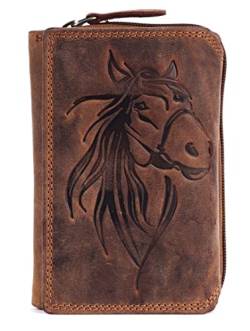 Damen Börse Lederbörse Portemonnaie großes Münzfach Leder + RFID Schutz Motiv Pferdekopf 10 Kartenfächer Leder braun Hochformat (HxBxT): 13 cm x 9,5 cm x 3 cm von Generisch