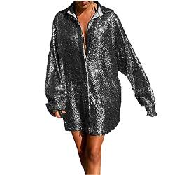 Damen Elegant Abendmode Glitzertop Kontrast Pailletten Bluse Oberteil Festival Glitter Shirt Funkelnde Luftig Pailletten Oberteil Blusen Rüschenbluse Tunika Langarmshirt Tshirt von Generisch