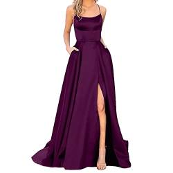 Damen Elegant Lange Ballkleider mit Taschen Satin A-Linie Backless Hochzeitskleid Abendkleider Sexy Neckholder Spaghetti Brautkleid Kleider Lang Prinzessin Brautjungfer Kleid Damen Lila S von Generisch