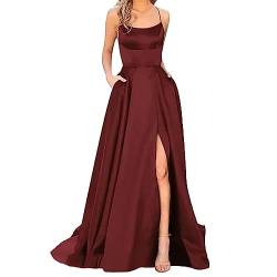 Damen Elegant Lange Ballkleider mit Taschen Satin A-Linie Backless Hochzeitskleid Abendkleider Sexy Neckholder Spaghetti Brautkleid Kleider Lang Prinzessin Brautjungfer Kleid Damen Wein 3XL von Generisch