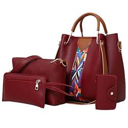 Damen Geldbörsen Schlüsselhalter Shoulder Bag 4Pcs Frauen Drucken Retro Einfarbig Muster Handtasche Umhängetasche Kartenpaket Handtaschen und Geldbörsen Set Schultertasche PU (Wine, One Size) von Generisch