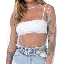 Damen Glitzer Mesh Oberteile Y2K Netz Top mit Sterne Festival Outfit Techno Party Transparent Netzoberteil Sexy Rave Durchsichtig Langarm Bluse von Generisch