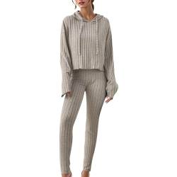 Damen Hausanzug 2-Teilig Set Strickpullover Und Strickhose 2 Teiler Strickanzug Strick Zweiteiler Lounge Große Größen Hausanzug Loungewear Gerippt Elegant Strick Set Damen Outfit Baumwolle Homewear von Generisch