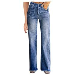 Damen Jeans Stretch-Denim lässige Taschen Gerade Lange Einfarbige Hose Sommer Weiblich Weite Beine Lockere Jeanshose Übergröße (Blue, L) von Generisch
