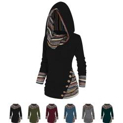 Damen-Kapuzenpullover Mit Karomuster Und Knopfdekor, Karomuster Mit Knopfdekor Und Zopfmuster, Lässige Pullover-Sweatshirts (DE/NL/SE/PL, Alphanumerisch, L, Regular, Regular, Black) von Generisch