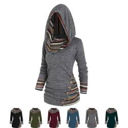 Damen-Kapuzenpullover Mit Karomuster Und Knopfdekor, Karomuster Mit Knopfdekor Und Zopfmuster, Lässige Pullover-Sweatshirts (DE/NL/SE/PL, Alphanumerisch, L, Regular, Regular, Grey) von Generisch