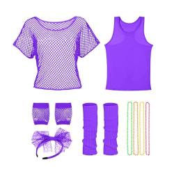 Damen Karneval Europäische und Amerikanische Party Fischernetz Kurzarm Ohrringe Halskette Beinabdeckung Top Tank Top 5-teiliges Set Damen Mittelalterkleid Übergröße, M, Polyester von Generisch