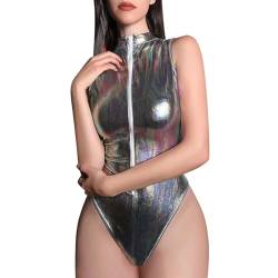 Damen Metallic Body Rollkragen Holographische Body Langarm Top Shirt Trikot Leotard Tanz-Kostüm Stage Glänzend Jumpsuit Clubwear Winter Jumpsuit Damen Body Damen Shape Bodysuit Women Full Xs von Generisch