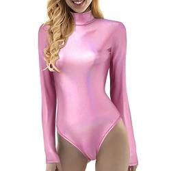 Damen Metallic Flüssigkeit glänzend Langarm Gymnastik Ballett Tanz Leotard Body Kunstleder Bühne Tanzkleidung Kostüm Overall Damen Elegant Ballett Trikot Damen Weiß Jumpsuit Damen Schwarz Langarm von Generisch